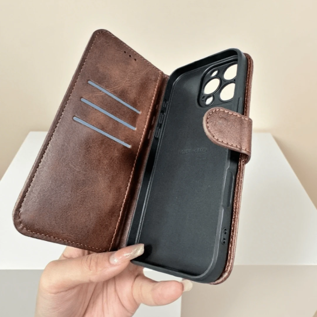Flip Cover Phone Case, Insert Card Phone Case, Suitable For IPhone 16/15/14/13/12/11 PRO MAX PLUS. Pure Color Leather Phone Case With Retro Magnetic Flip Cover Made Of Artificial Leather. - Brown - View 1