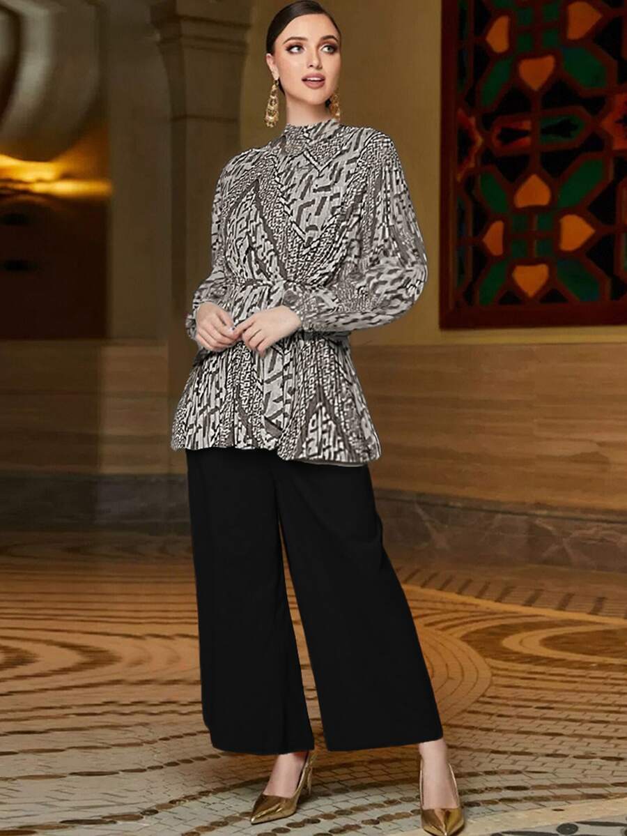 Set composto da blusa elegante con maniche a palloncino plissettate e pantaloni a vita alta floreali a gamba larga, set di 2 pezzi con stampa geometrica vintage e color blocking