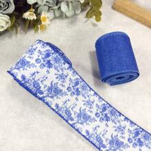 2Rolls, Blue White Floral Wired Edge Ribbon, Chinoiserie Ribbon Vintage Floral Peony Patterned Fabric Ribbon For Gift Wrapping, Wedding Deration, Wreath Bow Making