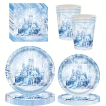10pcs/20pcs/50pcs/Set,Frozen Winter Snowflake Paper Plate Celebration Party Tableware Round Disposable Dinner Paper Plate Suit Winter Snowflake Theme Party 9 Inch 7 Inch Paper Plate Paper Cup Paper Towel Birthday, Christmas, Winter Event Party Table Supplies - Multicolor - View 1