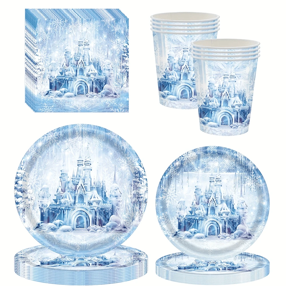 10pcs/20pcs/50pcs/Set,Frozen Winter Snowflake Paper Plate Celebration Party Tableware Round Disposable Dinner Paper Plate Suit Winter Snowflake Theme Party 9 Inch 7 Inch Paper Plate Paper Cup Paper Towel Birthday, Christmas, Winter Event Party Table Supplies - Multicolor - View 1