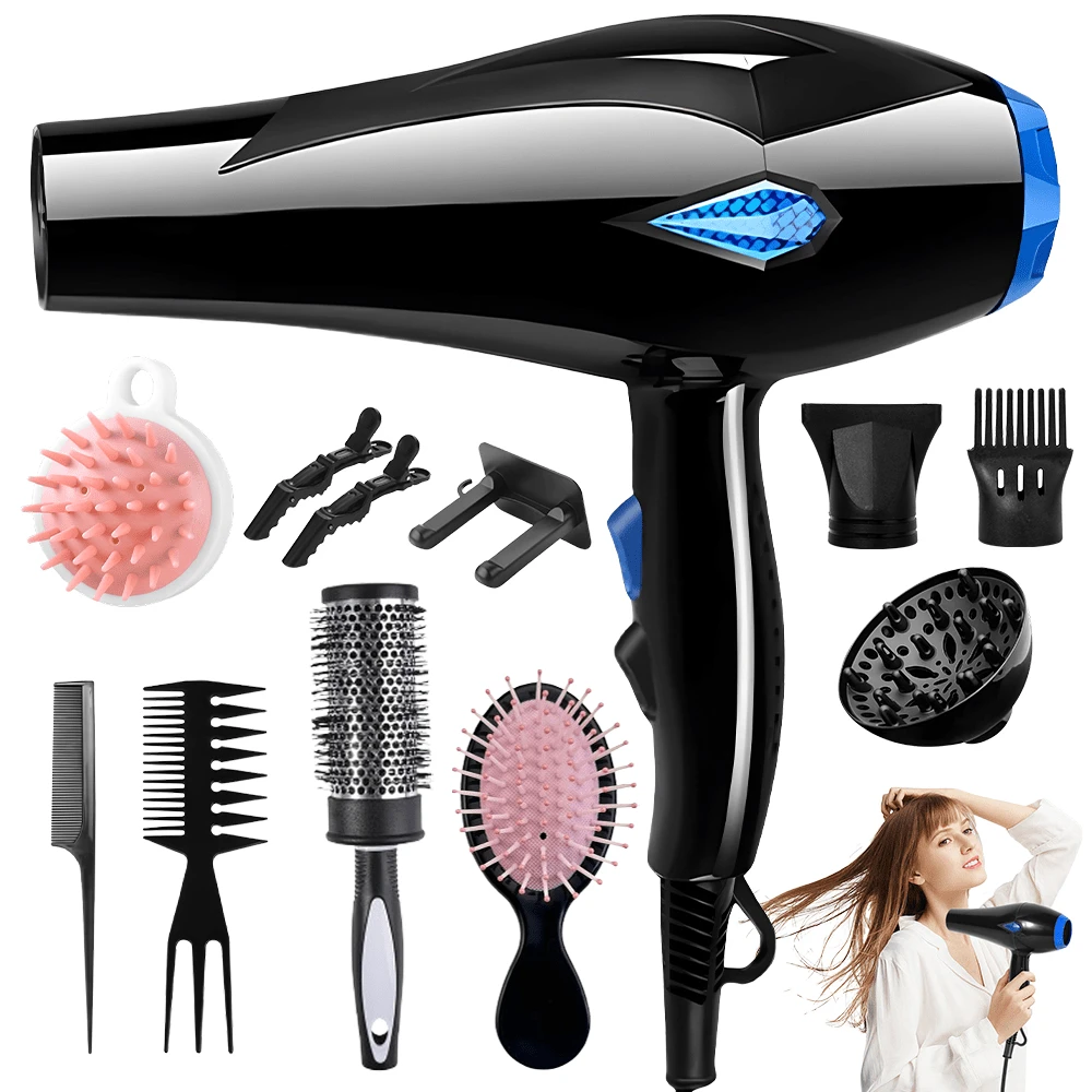 Morfone Local Warehouse 12 Piece Black Hair Dryer Hair Care Set, Home Hair Salon Hair Dryer Multi-Speed Adjustable Drying Hair Styling, Plug-In Model With Air Cushion Combs And Hair Clips And Curling Irons, Etc., Suitable For Home Use/Gift Giving - 查看 1