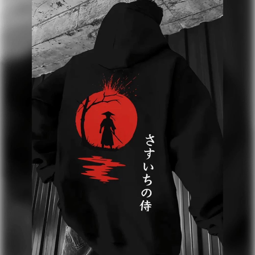 Men's Stylish Brown Hoodie With Japanese Samurai Print - Cozy, Comfortable, Pocketed Autumn And Winter Casual Sweater,  Design For Casual Attitude, Fall And Winter Outfit |  Casual Hoodie | Comfortable Sweater, Hoodie - 黑色 - 查看 1