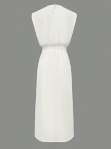 Women's Button Slit Round Neck Bodycon Mid-Length Dress, Solid Color, Elegant, Woven Fabric, Summer - White - View 7