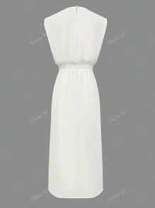 Vestido midi ajustado de cuello redondo con abertura y botones, de un solo color, elegante, de tela tejida, para verano