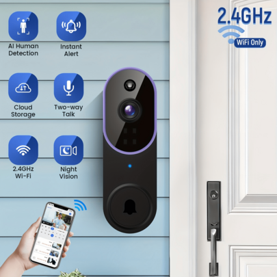 1080P Wireless Video Doorbell Camera With Ring Chime, Smart AI Human Detection, Night Vision, 2-Way Audio, Battery Powered, Cloud Storage, 2.4G WiFi, Indoor Outdoor Surveillance