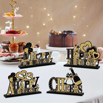 Set van 4 houten tafeldecoraties voor een jubileum, zwart en goud, tafelborden voor een gelukkig jubileum, feestartikelen, tafeldecoraties, binnen en buiten