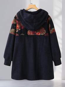 Plus Size Winter Fleece-Lined Vintage Floral Print Hooded Casual Cardigan Jacket - Navy - View 2