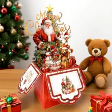 4层图案圣诞3D盒子贺卡，圣诞老人麋鹿圣诞树图案，红色圣诞礼物3D盒子贺卡，特别圣诞派对邀请函（带信封）