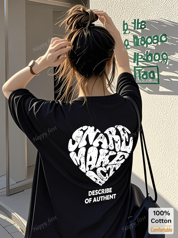 Cotton Black Heart Print Short Sleeve Mid-Length T-Shirt, Fashionable Printed Casual Top