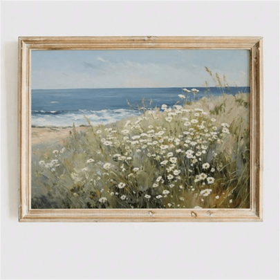 1pc Unframed Vintage Summer Floral Coastal Sea Beach Rustic Poster Wall Art Canvas Print Minimalist Wildflower Landscape Cottage Farmhouse Decor Retro Painting For Apartment,Living Room,Bedroom,Modern Home Decoration
