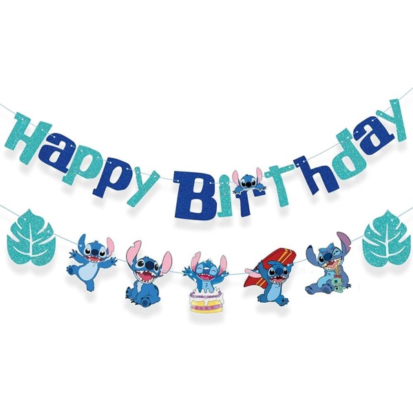 Disney Guirnalda de banderines de fiesta de cumpleaños de Stitch de Disneyland, decoración de fiesta de cumpleaños de niña con guirnalda de banderines de Stitch, accesorios de foto para fiestas interiores/exteriores