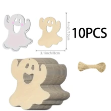 10/20/30pcs Wooden Ghost Shape DIY Crafts - With 10m Long Rope, Unfinished Wood Cutouts Suitable For Painting, Graffiti Art, Halloween Hanging Decor - Apricot - View 12
