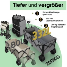 Carrito de jardín Gunji, carrito de mano plegable, carrito de compras, cochecito, capacidad máxima 332 L, capacidad de carga estática 200 KG, adecuado para acampar, playa, jardín, compras y muchas otras aplicaciones.