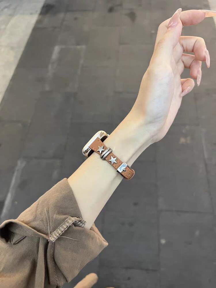 1條星形細款皮革女款手錶錶帶，適用於38mm 40mm 41mm 42mm 44mm 45mm 46mm 49mm S11/10 9/8/7/6/5/4/3/2系列 - 棕色 - 查看 4
