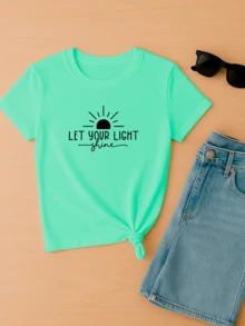 Women's Baby Look T-Shirt Let Your Light Shine Let Your Light Shine Personalized Phrases Various Colors 100% Cotton - 薄荷綠 - 查看 2