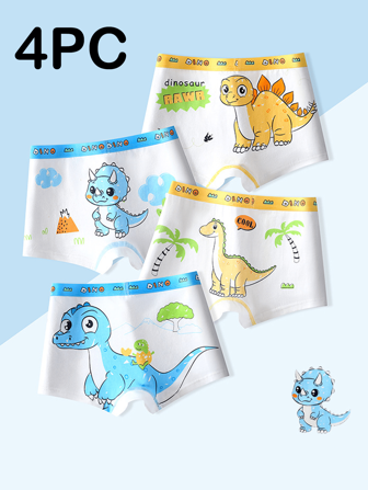 4条装儿童内裤，卡通小恐龙图案，纯棉材质，男童平角裤，儿童礼物