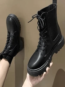 1 双时尚休闲青少年靴，适合所有季节，系带厚底，舒适不疲劳，适合户外活动、旅行、徒步旅行、日常通勤和派对 - 黑色 - 查看 5