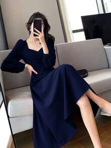 Vestidos largos de mujer Hepburn vintage cuello en v largo temperamento vestidos largos - Azul Marino - Ver 2