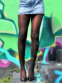 1 Par de Meia-Calça Legging de Moda Feminina com Strass em Formato de Estrela