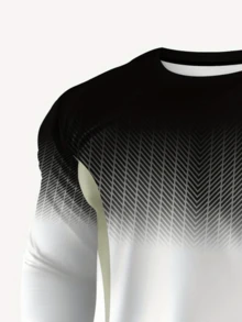 男士休闲运动 3D 印花长袖上衣 - 黑白设计，透气涤纶，圆领 - 可机洗 - 彩色 - 查看 4