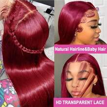 99J Burgundy Colored 13x4 Bone Straight HD Lace Frontal Human Hair Wig Glueless 180% Density Lace Front Human Hair Wigs For Women Pre Cut Pre Plucked Straight Wig Natural Hairline Brazilian Virgin Human Blended Hair Wig Suitable For Daily Use Elegant Style - SBUG/99J - View 3