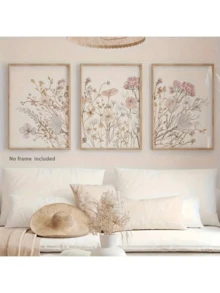 Bộ 3 tranh canvas in họa tiết hoa tối giản màu hồng, phong cách Bắc Âu Bohemian, thích hợp trang trí phòng khách, phòng ngủ, văn phòng, hành lang. - Hồng - Xem 14