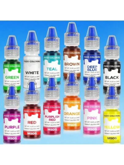 12 Color Cake Coloring Kit - Vibrant Baking Decor Liquid Color Frosting Dyesless For Cake Decoration, Easter Eggs, Royal Frosting, Gummies, Macarons - 0.25 Fl. Ounce/Bottle