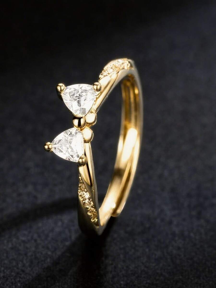 1pc Stainless Steel Princess Bow Cubic Zirconia Open Ring, Dainty & Elegant Design - Bow Ring - View 1