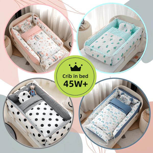 Babybedset - Een ligbedje voor pasgeborenen tot 24 maanden oud. Het is een zacht en ademend katoenen babynestje, een draagbare essential voor pasgeborenen en een comfortabel babybedje, geschikt voor thuis en op reis. Deze set is ook een onmisbaar zacht cadeau voor baby's; hij is gemakkelijk te demonteren en machinewasbaar en verkrijgbaar in meerdere kleuren.