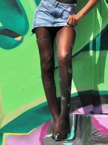 1 Par de Meia-Calça Legging de Moda Feminina com Strass em Formato de Estrela