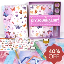 ​[返校畅销品] 1 套粉色蝴蝶剪贴簿套装 - DIY 日记本 +55 件文具礼品套装，适合儿童、学校用品、返校