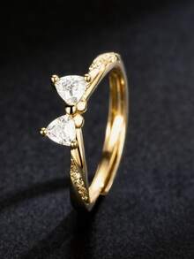 1pc Stainless Steel Princess Bow Cubic Zirconia Open Ring, Dainty & Elegant Design - Bow Ring - View 6