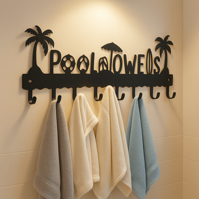 HELLOYOUNG 1 Pc "POOL TOWERS" Metal Wall Art Sign - Tropical Coconut Tree Beach Scene, Modern Minimalist Home Decor For Living Room, Bedroom, Or Bathroom. Waterproof & Rustproof, Durable Hanging Artwork, Ideal Unique Birthday Gift For Housewarming.