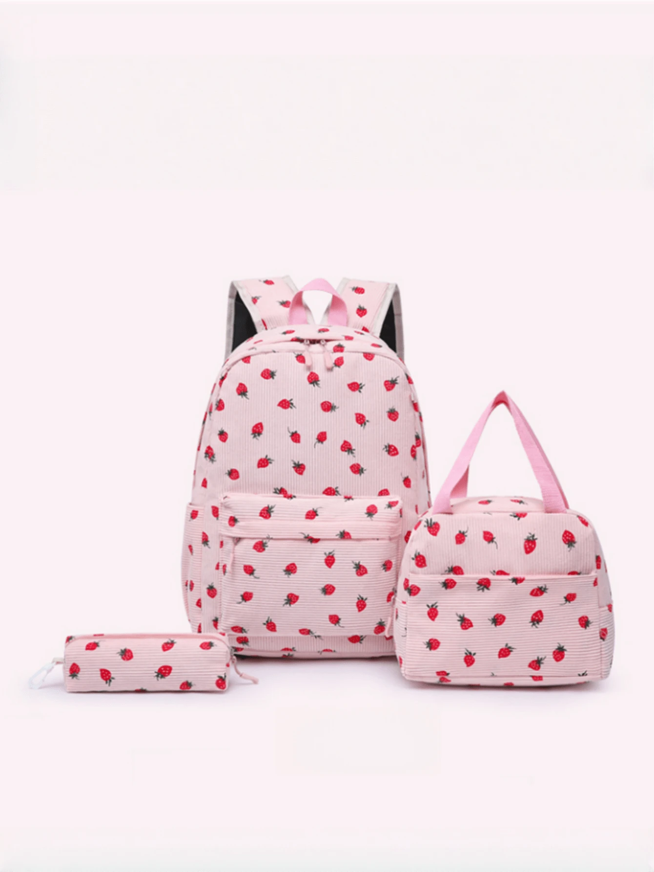 3 件粉色灯芯绒休闲清新草莓全印花大容量多口袋可折叠手提包带铅笔盒背包套装，适合青少年、初中/高中、大学生、毕业、日常使用、购物、旅行、返校礼物