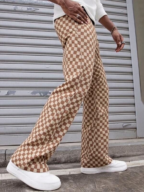Men's Drawstring Waist Checkerboard Print Loose Fit Sweatpants