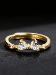 1pc Stainless Steel Princess Bow Cubic Zirconia Open Ring, Dainty & Elegant Design - Bow Ring - View 2