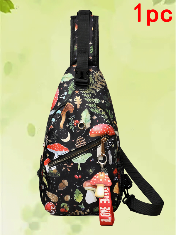 1pc, Joker Fashion , Highly Attractive, Niche Design, Waist, Chest, Shoulder Bag, Nylon Fabric, Cartoon Mushrooms, Leaves, Pinecones, Plant Prints, Mushroom Pendants, Adjustable Shoulder Straps, Chest Bag, Suitable For Ladies' Daily Commuting And Going Shopping And Playing Sports Occasions.