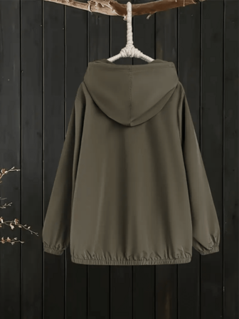 大码女式纯色拉链连帽抽绳休闲夹克