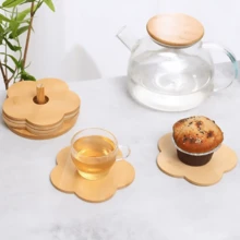 12cm/4.7in INS Style Bamboo Flower Insulation Pad, Heat Resistant Coaster, Pot Holder With Storage Rack, Home Use - Apricot - View 2
