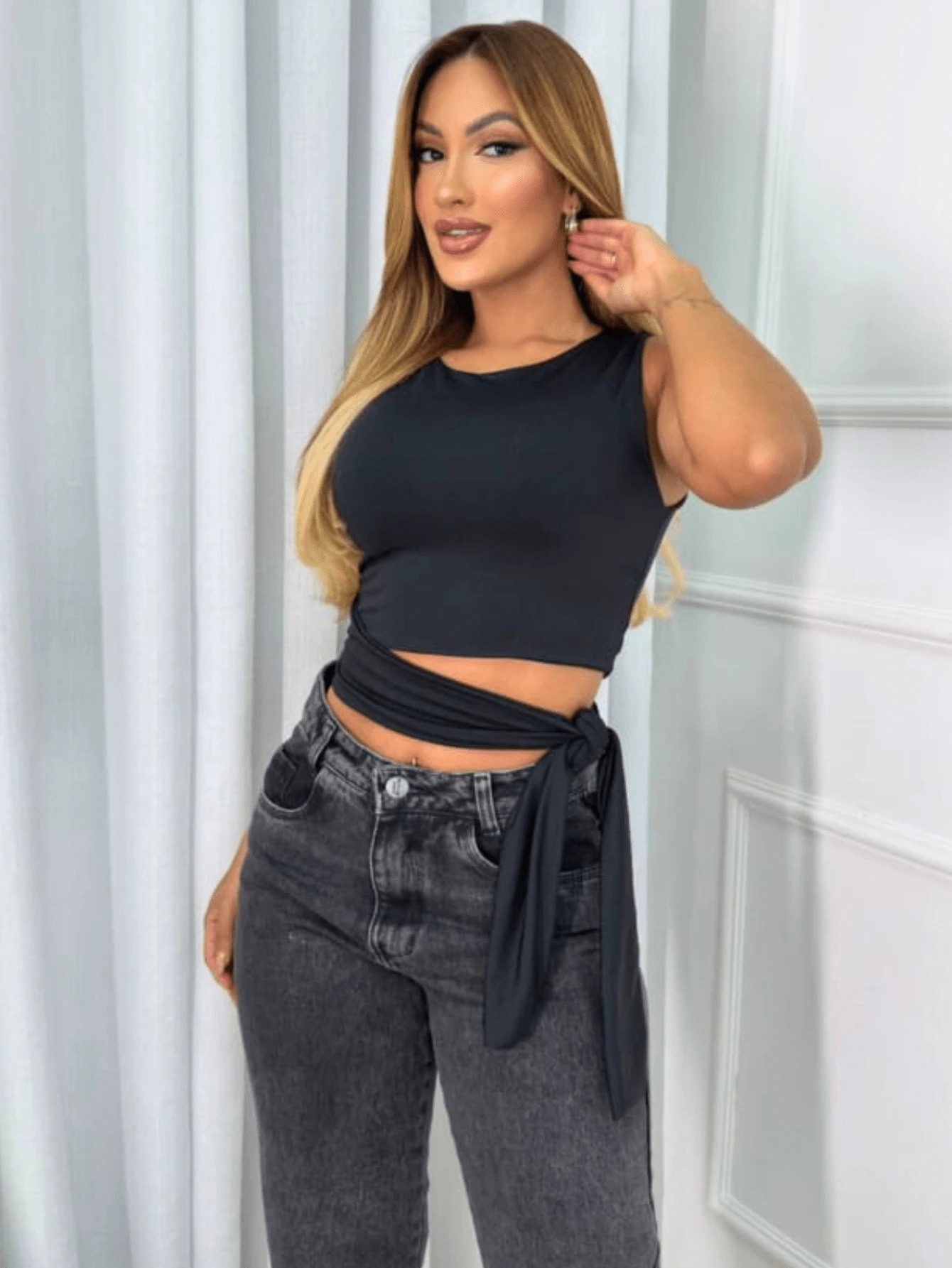 Women's Suplex Crop Top With Lined Side Tie Stylish Women's Blouse - 黑色 - 查看 1