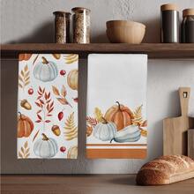 2pcs Autumn Pumpkin Pattern Kitchen Towels, Soft Polyester Material Dish Cloths, Suitable For Kitchen Decor, Kitchen Cleaning, Holiday Party Decoration, Kitchen & Bathroom Essentials, Home Decor, Housewarming Gift - Multicolor - View 1