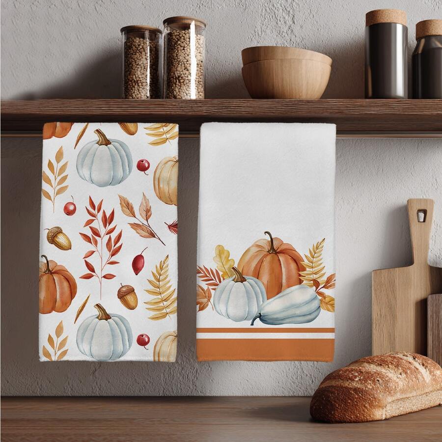 2pcs Autumn Pumpkin Pattern Kitchen Towels, Soft Polyester Material Dish Cloths, Suitable For Kitchen Decor, Kitchen Cleaning, Holiday Party Decoration, Kitchen & Bathroom Essentials, Home Decor, Housewarming Gift - Multicolor - View 1