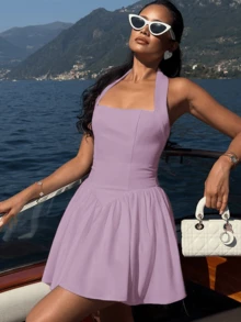 All-White Halterneck Street Sexy Backless Dress Vacation A Hem Slim Frilled Hem Dress - Mauve Purple - View 4