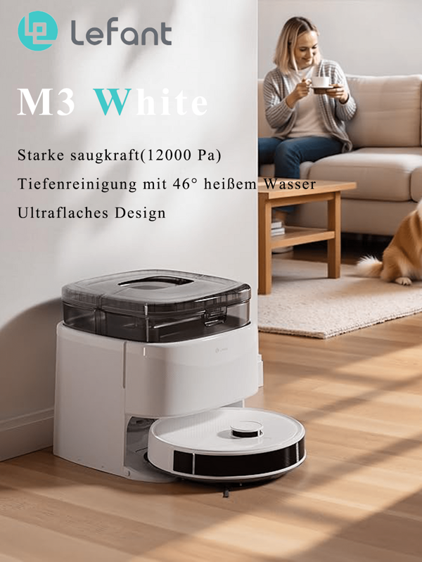 Lefant Robot aspirateur et laveur LEFANT M3 avec vidage automatique | Puissance d'aspiration de 10 000 Pa, rinçage à l'eau chaude à 45 °C, intervalle de maintenance de 8 semaines, navigation LiDAR
