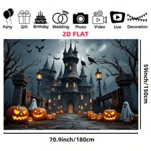 قطعة واحدة، قماش خلفية هالوين، قماش بوليستر. تتميز الخلفية بقلعة مخيفة، قرع القرع، أشباح، غربان، خفافيش، وجو مرعب، مناسب لبيت مسكون بالهالوين وحفلة ذات موضوع رعب