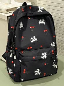 新款可爱蝴蝶结樱桃图案书包，蝴蝶结樱桃图案双肩包，轻便书包，学生大容量双肩包，清新简约风格书包，青少年男女通用双肩包，校园清新风书包，适合校园使用，返校季必备书包 - 彩色 - 查看 13