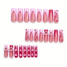 Sweet Pink Heart Bow Nail Art Set – Playful Armor Design With Floral Charm, Delicate Spring-Inspired Manicure For A Feminine Touch  Pink Gradient Press - 粉色 - 查看 5