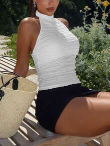 Women's Summer Party Casual Halter Bubble Fabric Solid Color Slim Fit Tops, Summer - White - View 2