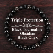 1pc Triple Protection Bracelet - Black Beryl, Golden Black Obsidian, Black Agate, Crystal Bracelet For Emotional Stability And Balance